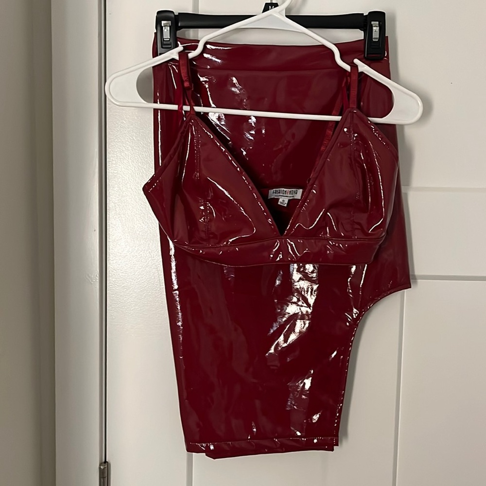 Hot sleek red latex two piece set❣️